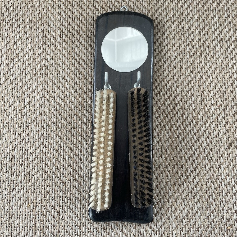 Vintage Mid Century Wood Wall Hanging Clothes Brushes &‎ Mirror Set
